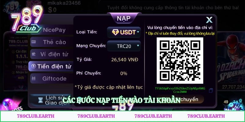 Các bước nạp tiền vào tài khoản